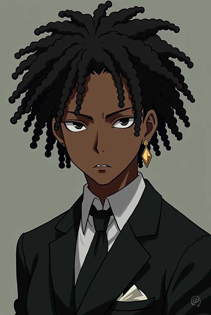 Kuroro lucifer the leader of the hunter x hunter spider with dreadlocks only his face, wearing a suit with the same style as the anime, agregar dread locks, Make it African American with black hair and earrings