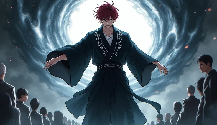 アニメ,1 men,shorth hair, cloused mouth , dark red eyes, high resolution, Bblack hair, Cao Cao, a black kimono with white details, black harem wide pants, q enters from the crowd, black with white rays, appearing full body, black hole power, stressed