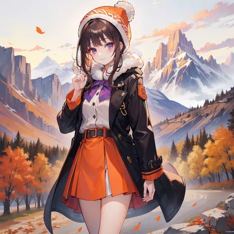 Masterpiece, best quality, high quality, 1girl, Solo, has Purple eyes, detailed beautiful eyes, has Short straight Brown hair, has light make up, wears coat with Long Orange skirt, Pom knit hat on her head, Smile, Outdoor, standing, Mountains of autumn lea...