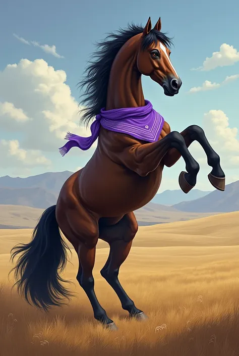 Creole horse on two legs jumping imposingly wearing a triangular scarf wrapped only around its gaucho neck in lilac color with prairies in the background