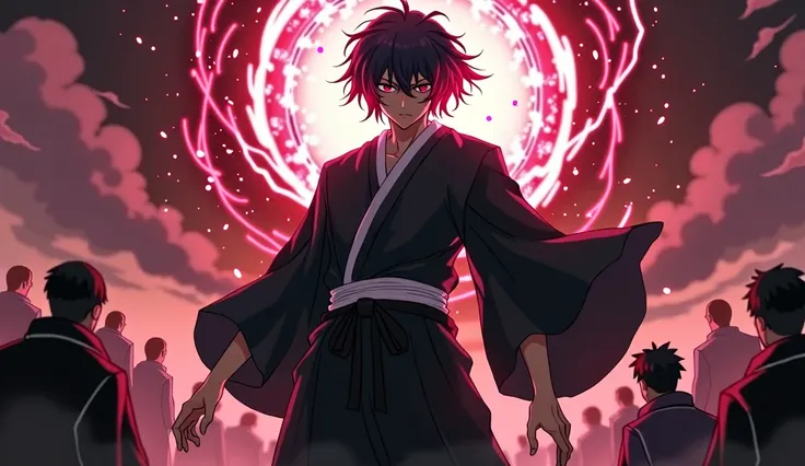 アニメ,1 men,shorth hair, cloused mouth , dark red eyes, high resolution, Bblack hair, Cao Cao, a black kimono with white details, black harem wide pants, q enters from the crowd, appearing full body, black hole power, stressed