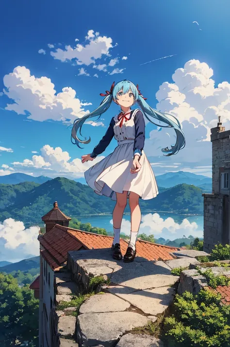 Standing on top of a chimney、Light blue long hair、Beautiful girl with twin tails、Mary Poppins、smile、Red ribbon、denim connection,  smileでリラックスしたポーズ,Looking into the distance, Smooth and young々Fresh skin, Bright and clear sky, White cloud, Distant Mountain々,...