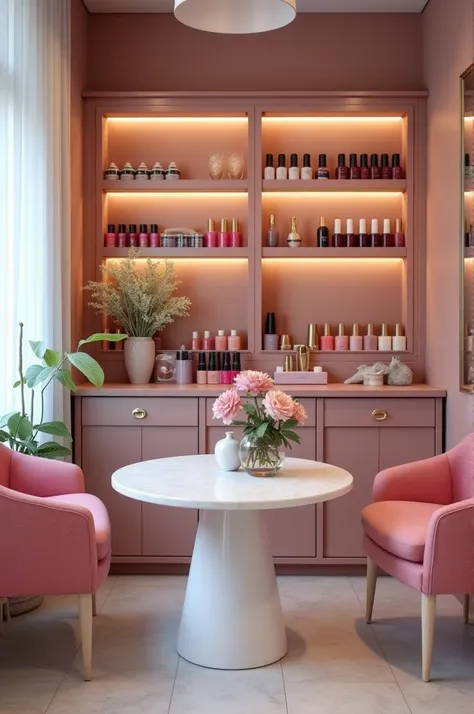 Create a space for a nail salon with the nail polishes on display and the name of the nail salon is touch of toque de elegância create a cozy and chic space