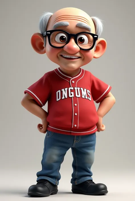 Create a bald elderly mascot with short gray hair with black eyes smiling wearing glasses with a team jersey and jeans and black shoes 