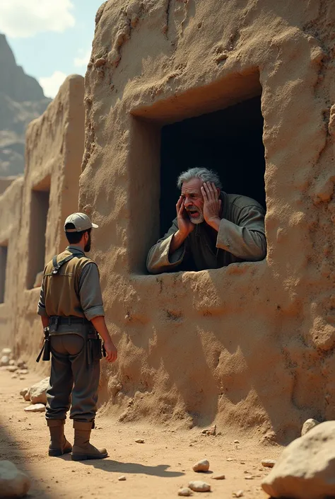 A man behind a small window made of mud in a shack made of mud calling to a clueless miner sitting