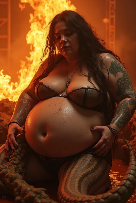 A fat, transgender loking lady being tortured in a hell fire like scene. Gory, disgusting, tourtured by reptilian hored creatures 