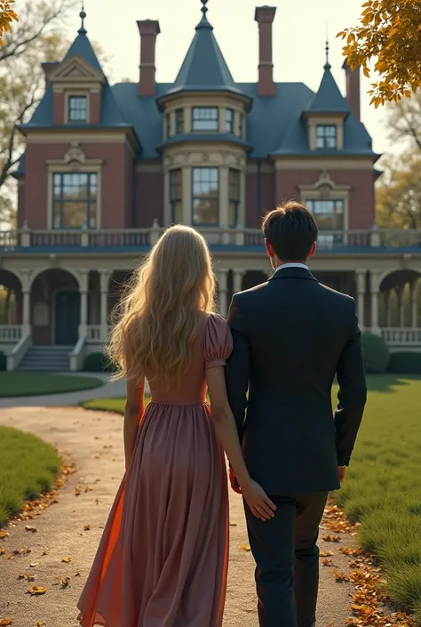 Believe me a 25-2 blonde blue-eyed girl and a dark-haired blue-eyed boy walking towards a Victorian mansion the image should be realistic looking so they look 20-2 
