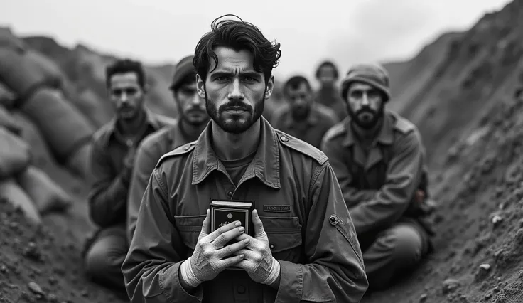 A vintage black-and-white photograph taken in 1984, showing a group of Iranian soldiers praying in a trench. They are wearing military fatigues, some with bandages on their hands and faces. The soldier in the center holds a small Quran, his face reflecting...