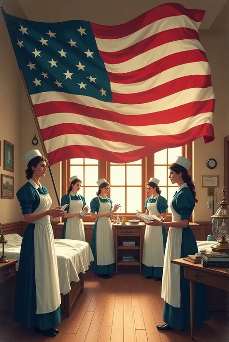 Create an image of the first nursing schools in the United States, Let the United States flag come out and the image goes back to the time of 1873
