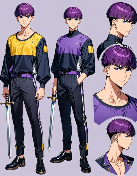 (masterpiece), (best quality), (high res), male, tall body, beautiful detailed eyes, beautiful detailed face, serious, perfect hands, complete fingers, perfect anatomy, perfect proportions, ((purple hair, short hair, undercut haircut bowl cut )), ((blue ey...