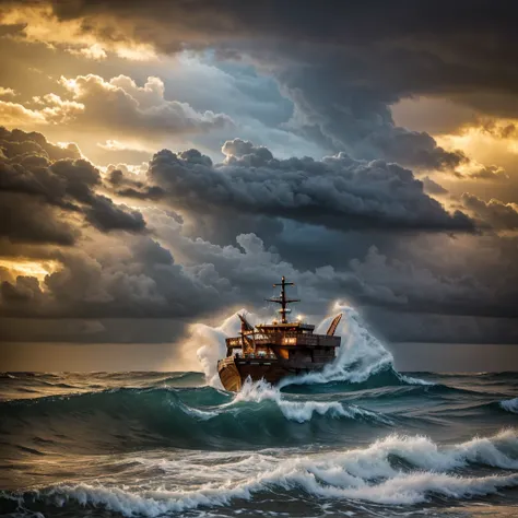 realistic photo of a large wooden ark floating on a stormy sea, dark clouds in the sky, heavy rain, waves crashing, detailed wooden texture, biblical landscape, dramatic lighting, cinematic composition, highly detailed, 4k, photorealistic