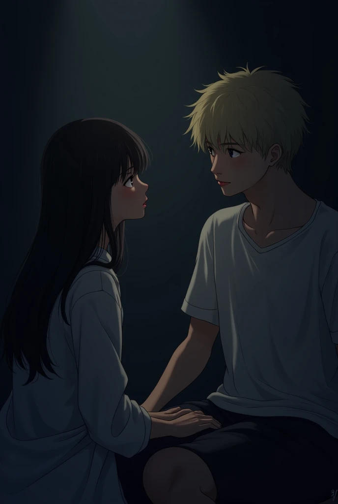 Two men and women sitting in a dark room,20-year-old,Japanese,The woman has long hair,Man is blonde,speaking,Fine skin,dim