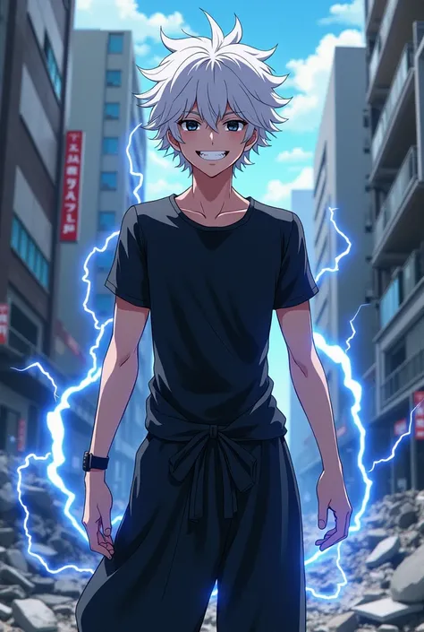 anime styling: young adult male, Curly white hair, eyes black, lightning power, black compression shirt and black harem pants, sadistic smile, shape normal, weak, he is in the middle of destroyed shibuya