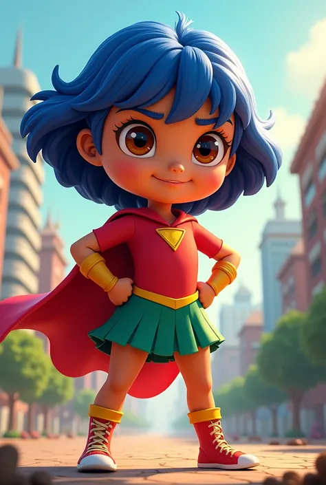 Make Dora the Explorer make her wear the red outfit and green skirt and blue hair now make her 1 