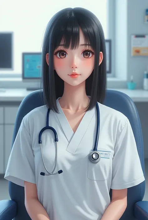 an image of a patient in a doctor&#39;s office, brunette with straight black hair, with doctor accessories


