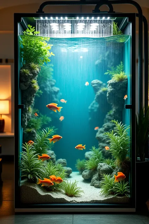 Aquarium with light as a sun and a set up which can de function able for rain or water drop and has plants in that tank amd fish  swimming around 