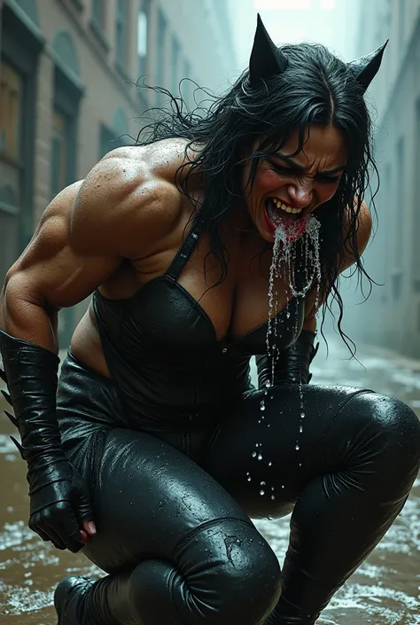 (sweaty)(muscular)A very sweaty muscular Catwoman getting punched heavily in the gut and vomiting. Shes double over and coughing and vomiting heavily, She spits out lot of visible saliva, water, sweat repeatedly. Lot and Lot of water, saliva, sweat contino...