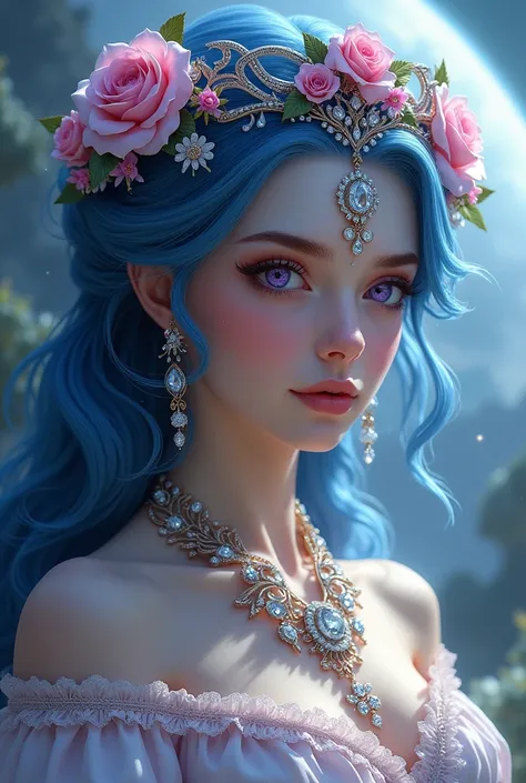 tmasterpiece，Highest high resolution，((magic orb))，Dynamic bust of beautiful aristocratic maiden，Blue hair is elegantly coiled，（(Wearing a huge flower crown、jewelery，adiamondnecklace))，Purple clear eyes，(((The hair is covered with beautiful and delicate fl...