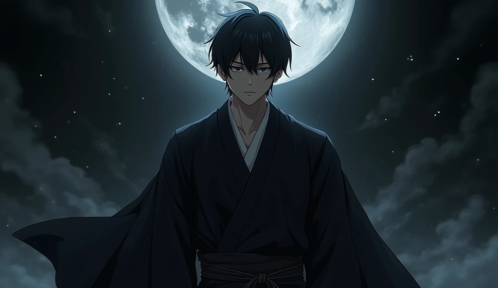 アニメ,1 men,shorth hair, cloused mouth , Olhos rots escuro, high resolution, Bblack hair, Cao Cao, a black kimono with details, appearing full body, black hole power, stressed, rot