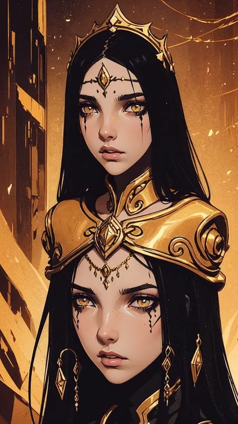 A beautiful girl is captured in an intense close-up, focusing only on his face in the middle of a gloomy and enigmatic environment. She wears a delicate gold crown that sits atop her loose, dark hair., Framing her face with an air of royalty and mysticism....