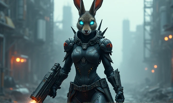 Evil looking female hare holding bombs and grenades with blue eyes and wearing cyberpunk armor 