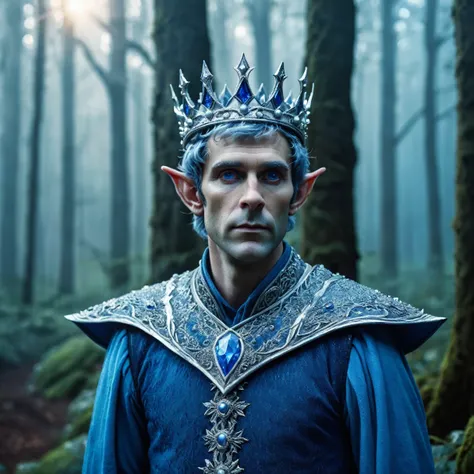 A man elf king, elf king, elf, man, with his silver crown, looking ahead, he wears his elf clothes of a beautiful blue color, the forest has a small white mist mixed with a blue color. Illuminated and detailed photo.