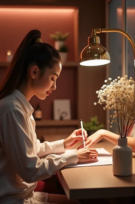 Create an image in a fancy nail salon with a girl getting her nails done in a cozy place With a girl doing their nails