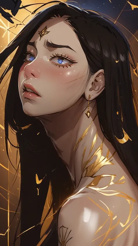 A beautiful girl is captured in an intense close-up, focusing only on his face in the middle of a gloomy and enigmatic environment. She wears a delicate gold crown that sits atop her loose, dark hair., Framing her face with an air of royalty and mysticism....