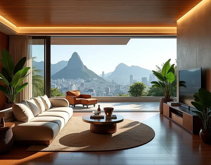 Design the interior of a house with a view of Rio de Janeiro