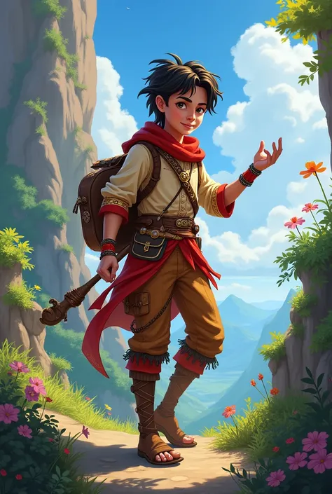 2d art of a young bard, with the instrument on the back, RPG