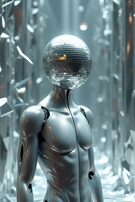 It will feature a humanoid man with a disco ball head and a broken mirror background all silver bling without a bust