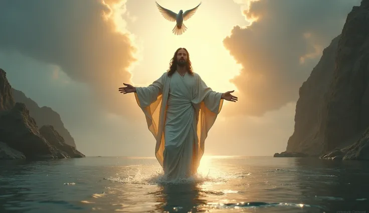 ((masterpiece))((super mega detailed))(fancy) Jesus Christ coming out of the water after being baptized in the Jordan River. Above his vertically aligned head a white dove descends, shining with light and particles of divinity, while the sky itself also op...