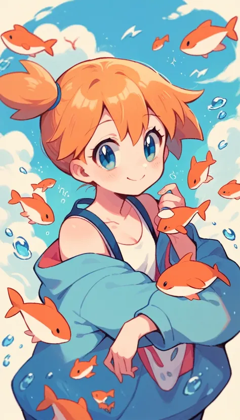 character pokemon, 1 girl , misty , cute ,blue , daydreaming, dolphins, whales, fish swimming over your head , smile , colorful