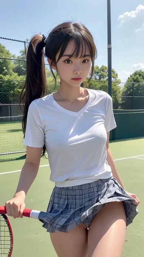 ,((An accident almost exposes her vagina and nipples:1.15)),A group of European middle school girls, around 12 to , are practicing their tennis smashes on a well-maintained school tennis court. They are dressed in sporty, matching tennis outfits—white shir...