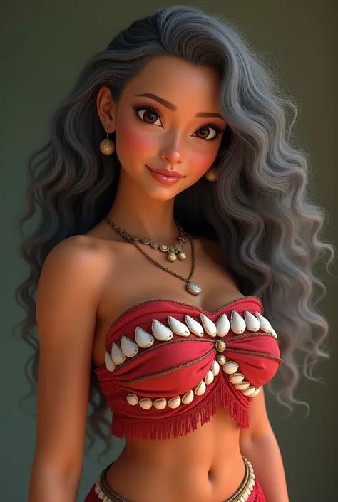 A beautiful still youthful looking 50 years old Asian version of Moana Waialiki wearing a lot of makeup that makes her look a lot younger now a gray haired beauty with long completely gray curly hair dressed as Princess Moana Waialiki from Moana
Wearing he...