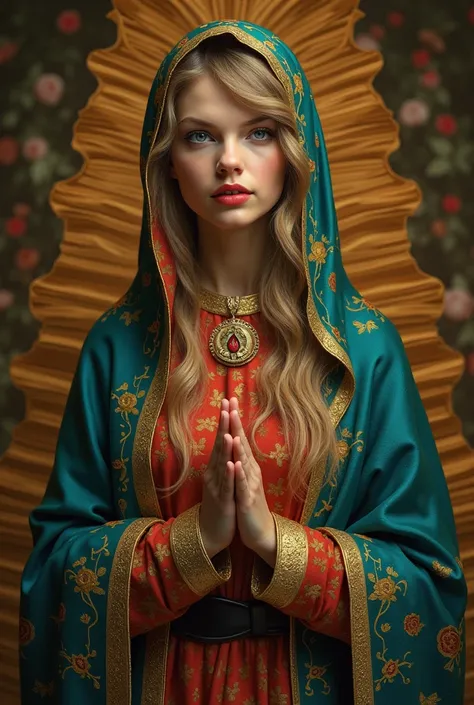 Taylor Swift with the mantle of the Virgin of Guadalupe of Mexico Make her more Mexican Now that she looks less like a caricature and more like a real person 