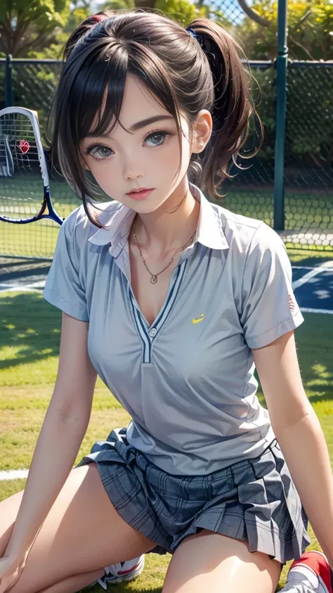 ,((An accident almost exposes her vagina and nipples:0.5)),A group of European middle school girls, around 12 to , are practicing their tennis smashes on a well-maintained school tennis court. They are dressed in sporty, matching tennis outfits—white shirt...