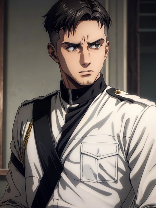 1 man, military hair black, gray eyes, white military uniform, quartel general, high resolution, masterpiece artwork, super deta...