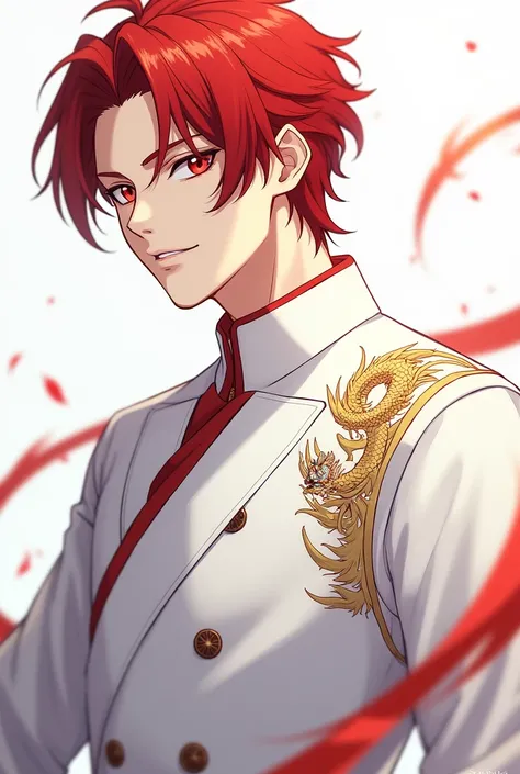 Red hair, red eyes, cat eye, anime, handsome, strong, huge royal background, very cool, very simple white royal costume with dragon drawn on it, short hair, young man,