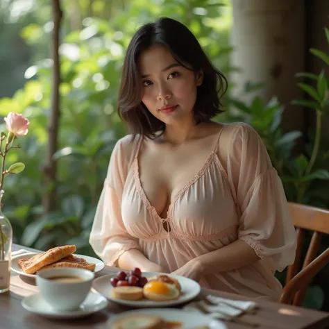 A beautiful and chubby indonesian woman, huge breasted, chubby body, bob cut hair style, wear sheer sleepwear, sit on garden table with some breakfast and coffee in the morning, sexy sensual and seductive expression and pose, realistic photography, natural...