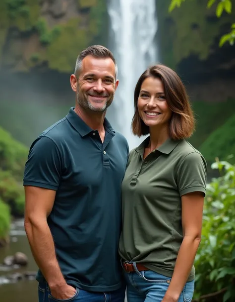 Realistic photos, handsome man 40 years old crew cut hair and woman bob cut hair wearing polo shirts and jeans standing side by side in front of Angel waterfall, green atmosphere 