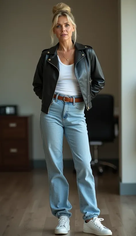 A realistic photo of a sensual aged-45 blond milf. Standing. (She is placing her hands behind her back:2.5). Puffed off chest. She is wearing a black leather jacket and light blue jeans with brown belt and a white full tshirt and white sneakers. Sensual. S...