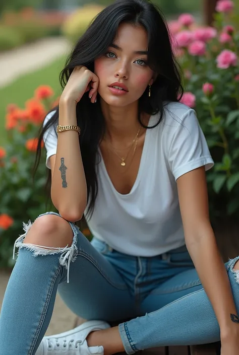 Kim woman with long straight black hair , big blue eyes , thick lips , tattoo on one arm dressed in white Tommy Hilfiger t-shirt with tight ripped jeans with white Tommy Hilfiger sneakers sitting on a bench with her head on her knees wearing gold accessori...