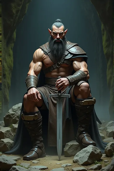 Robust elf in a dungeon sitting on rocks, Wearing leather clothes, with your breasts out, wearing a sword