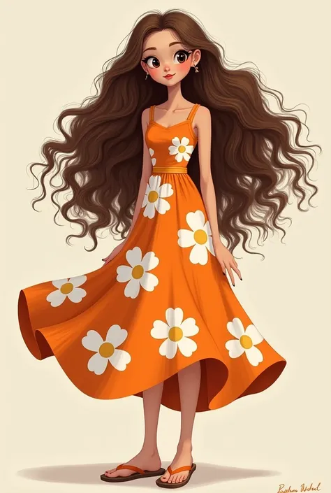  short with long curly hair. Farbe: light brown and an orange dress with big white flowers and big black eyes and small ears and light flip flops