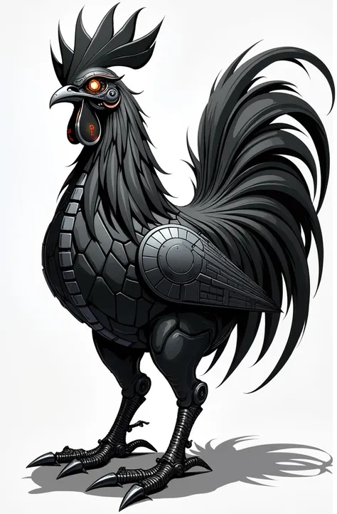 A Rooster with the Yugioh Cybernetic Dragon artwork. With black and white vector style.