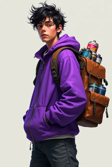 create a character a 1 adventurous teenager who travels between two dimensions, with urban style and an artist and graffiti of his dimension, He is brave, bold and stingy, Of average height, he wears a loose purple chauqyea with his backpack full of paint ...