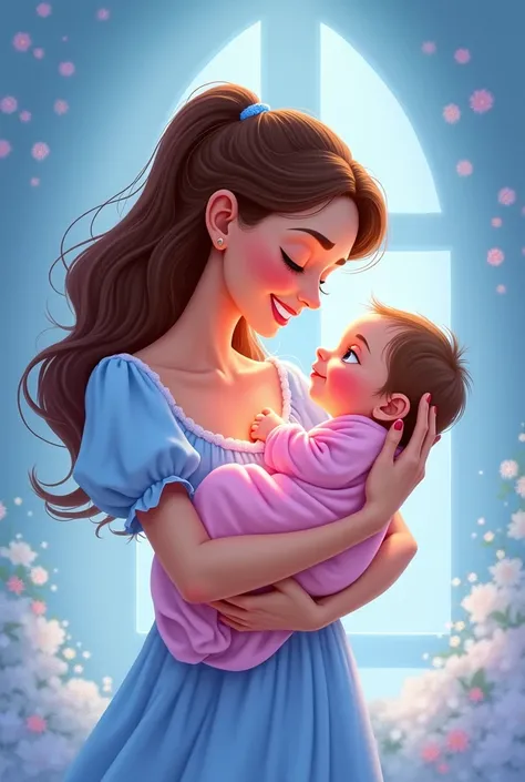 A mother holding her baby, Disney  style. The image must contain the colors blue and pink.