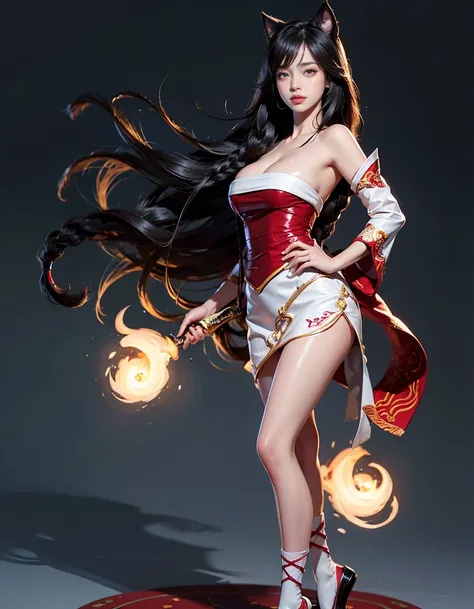 (Masterpiece, top quality: 1.2), Exquisite details, IncrsAhri, 1 girl, animal ears, hair accessories, bare shoulders, hanbok, skirt, (long hair: 1.6), braids, medium big breasts, black shoes, perfect hands, perfect Fingers, perfect legs, perfect body, perf...