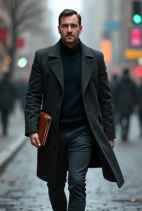 man, short black hair, round jaw, turtleneck shirt and long jacket, walking down the street, buildings in the background, holding a portfolio, cold weather, looking at the camera, photorealistic